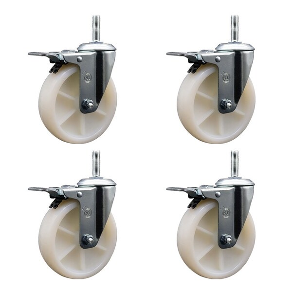 5 Inch Nylon Swivel 58 Inch Threaded Stem Caster Set with Total Lock Brake